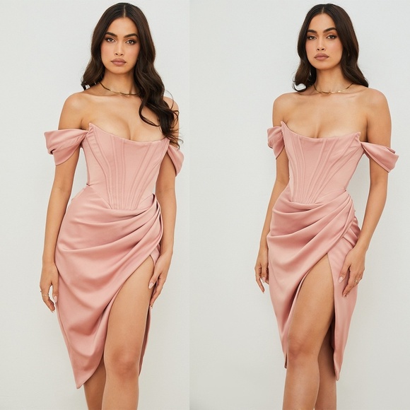 HOUSE OF CB | Luxury 'LORETTA' Satin Off Shoulder Dress in Blush Pink | Size XS - Picture 3 of 16